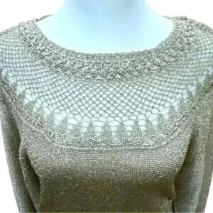 Vintage stretchy fitted sheer metallic gold knitted sweater with lace yoke M
